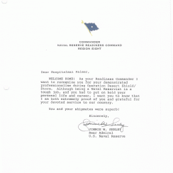 A welcome home letter from Jimmie Seeley, Rear Admiral of the US Naval Reserve