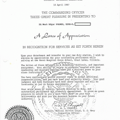 A letter of appreciation to Mr. Davis from The Naval Hospital Corps School